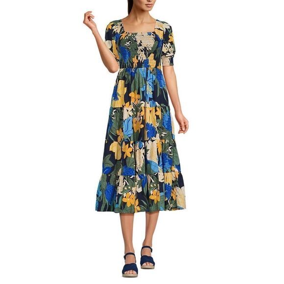 Land's End Midi Dress Smocked Dobby Puff Sleeve Navy Multi Floral Blooms Medium - Picture 3 of 8